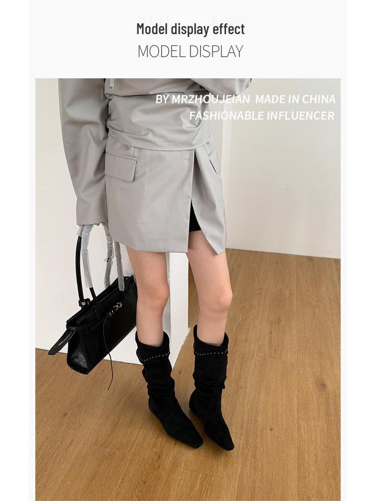 Женские ботильоны из овчины в французском нишевом стиле с острым носком, на танкетке, со сборками, в ковбойском стиле, 2025