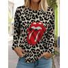 Spring And Autumn Long Sleeve Lip Print Leopard Printed T-Shirts Women Basic Casual Tops Female Loose Round Neck Tees Clothing