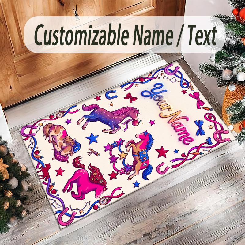 Horse Theme Crystal Velvet Floor Rug Personalized Custom Name Text Warm Carpet Home Decoration