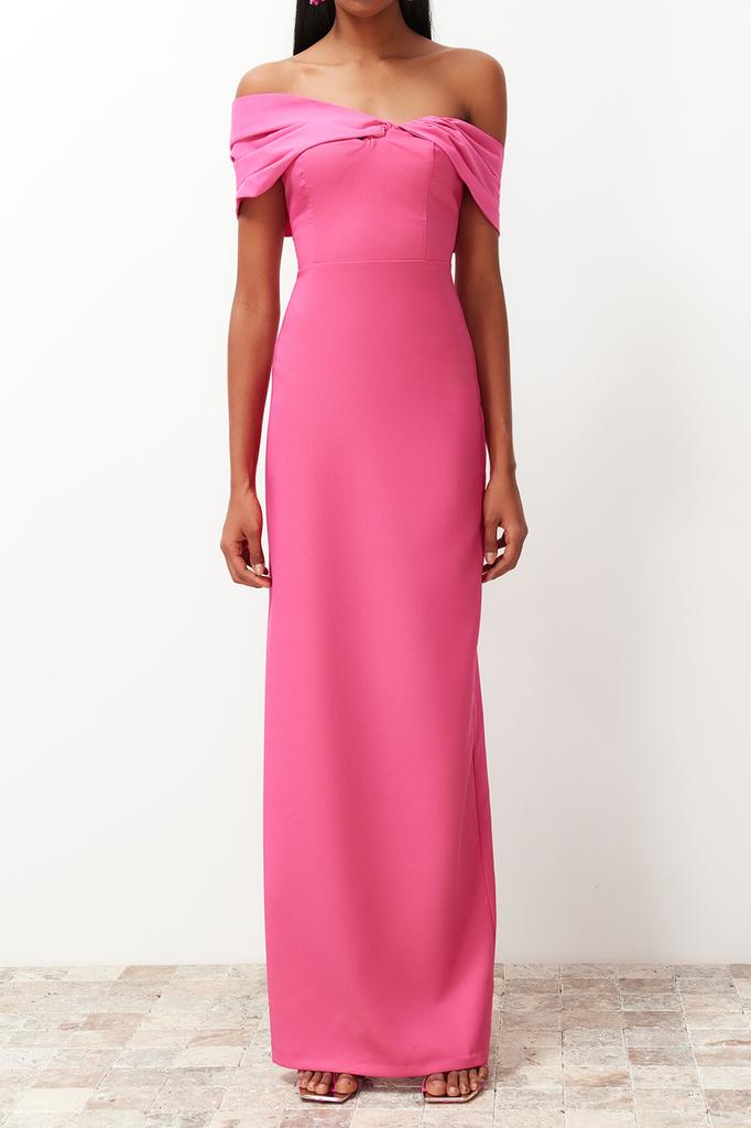 Women's Fashion New Evening Dress & Graduation Dress Black Fitted Asymmetrical Collar Poplin Detailed Long Evening Evening Dress