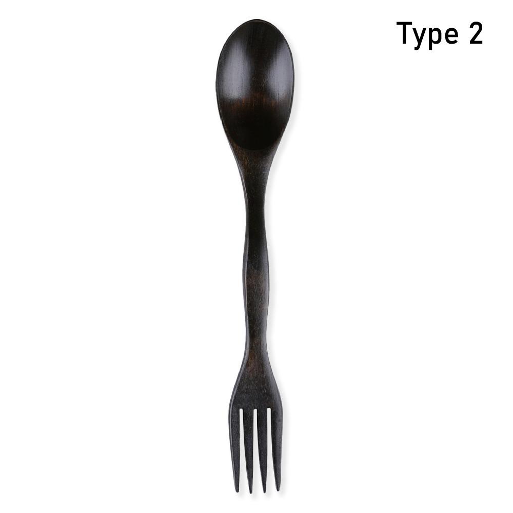 Flatware Tableware Dinner Dual Head Natural Wood 2 In 1 Spoon Fork