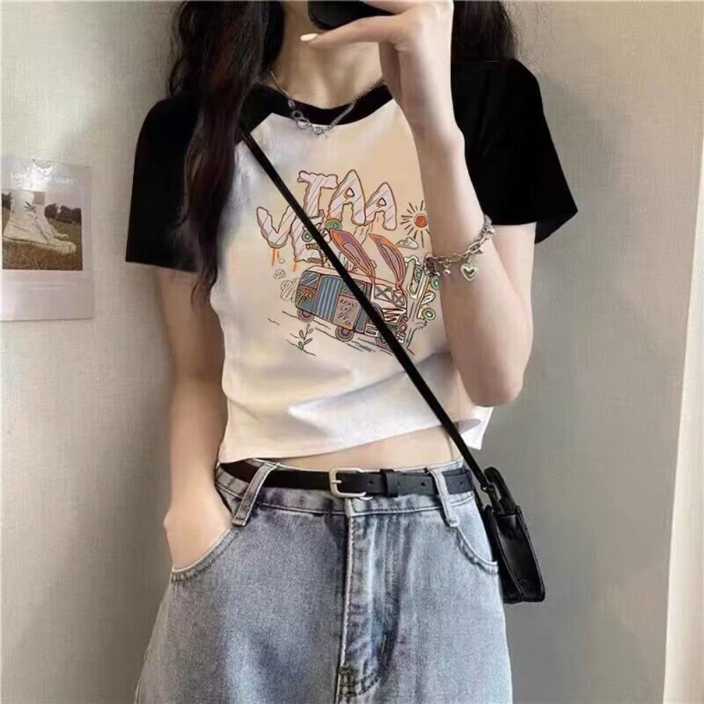 Pure Cotton Short T-shirt Design Summer Hot Girl Short Sleeve Black Loose Top