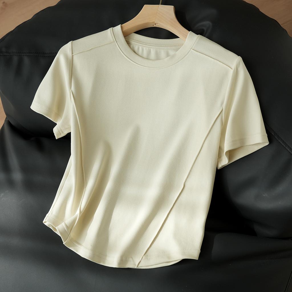 Three-dimensional Line Design Sense of High Elastic Thread Cotton T-shirt Women's New Summer Round Neck Short-sleeved Top