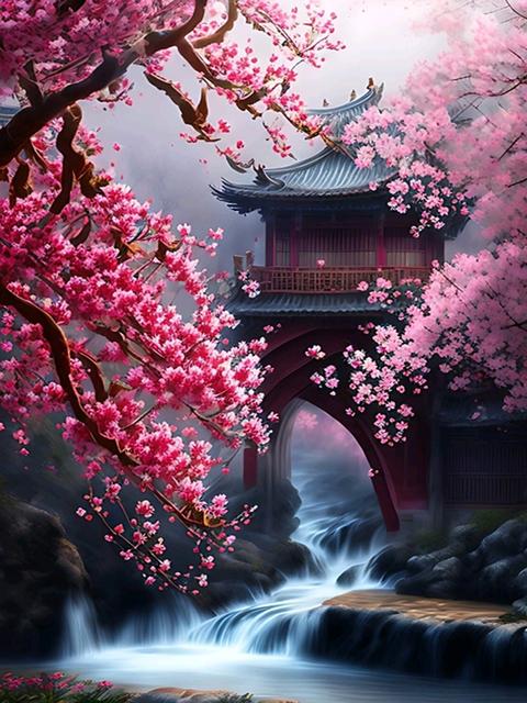 Японская вишня в цвету 5D DIY алмазная живопись водопад храм пейзаж полная алмазная мозаика вышивка крестиком