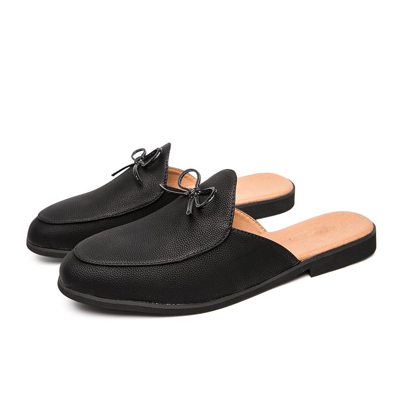 New Men Bowknot Black Pu Leather Half Slippers Shoes Male Casual Mules Moccasins Breathable Loafers Zapatos Hombre