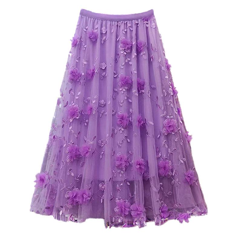 2025 Summer Plus Size Purple A-line Mesh Skirt with 3D Embroidered Flowers