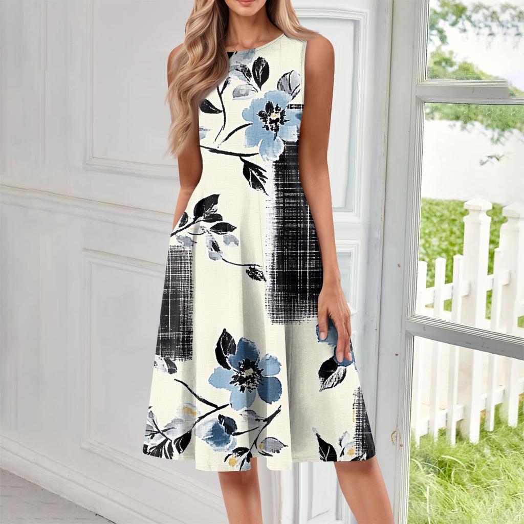 Женское повседневное модное платье миди с цветочным принтом и круглым вырезом без рукавов