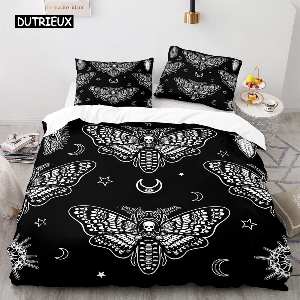 Комплект постельного белья Death Moth Queen Size Gothic Skull Boho, комплект постельного белья с черно-белым декоративным рисунком скелета