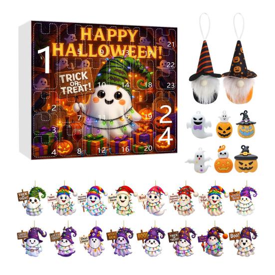 Хэллоуин Адвент-календарь 2025 24-дневный календарь обратного отсчета с акриловыми украшениями в виде призрака/гнома/тыквы для помещения