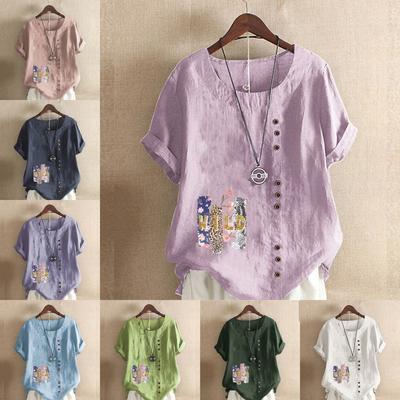 Женская модная футболка с круглым вырезом и коротким рукавом, повседневная хлопковая льняная рубашка с рисунком, свободная летняя блузка с цветочным принтом для отдыха, топы