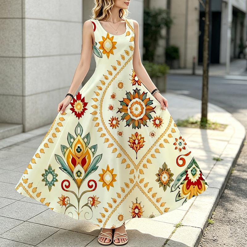 Women's Sleeveless Long Dress,Colorful Floral Design,Comfy Fabric,Versatile Summer Dress for Daily Wear & Parties