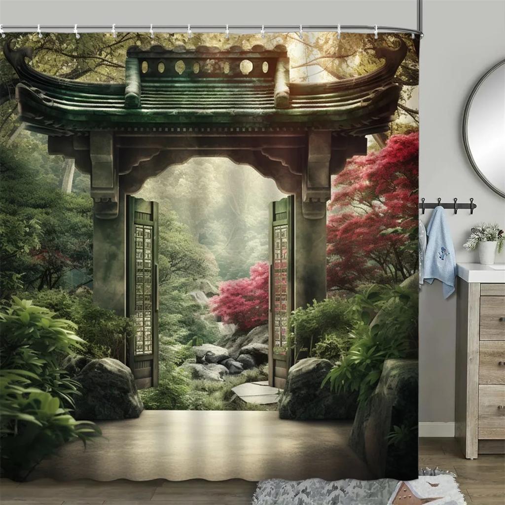 Шторка для душа в китайском стиле, винтажная деревянная доска, садовая постройка, зеленые растения, бамбуковый узор, декор для ванной комнаты, комплект штор