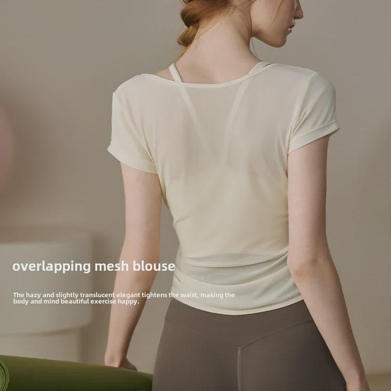 Женский летний сетчатый топ для йоги 2024 года с коротким рукавом, одежда для фитнеса и бега