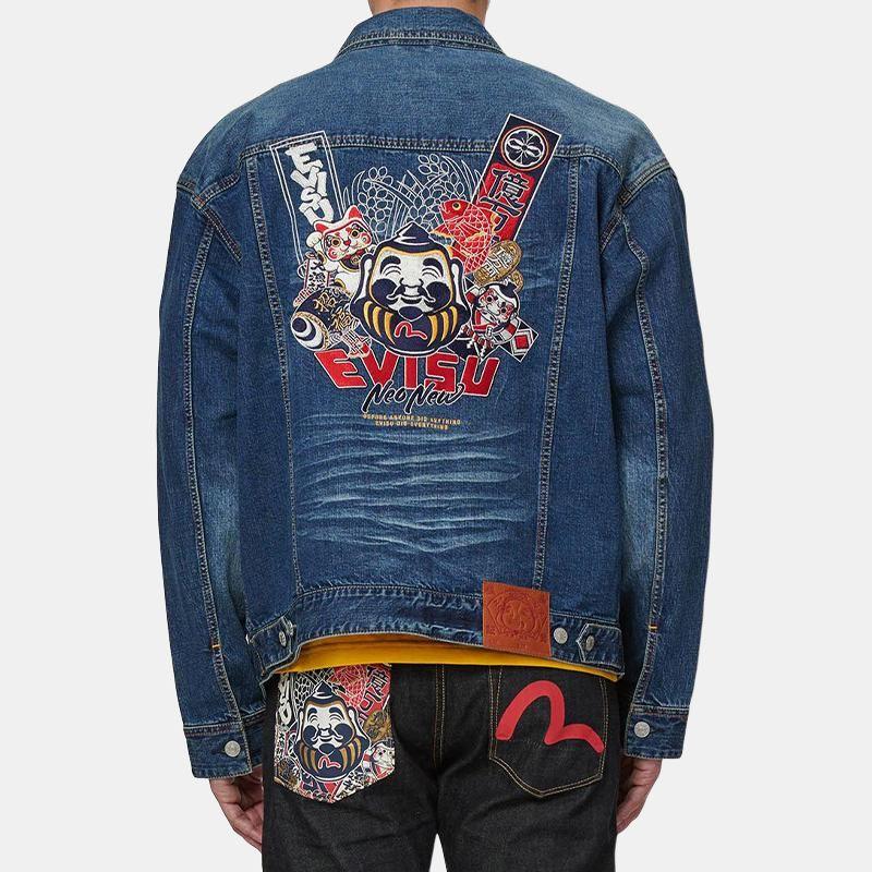 Evisu Ss21 Buddha Head And Origin Object Embroidered Denim Jacket Men Jacket Denim-Blue 2ESHTM1DJ717LF