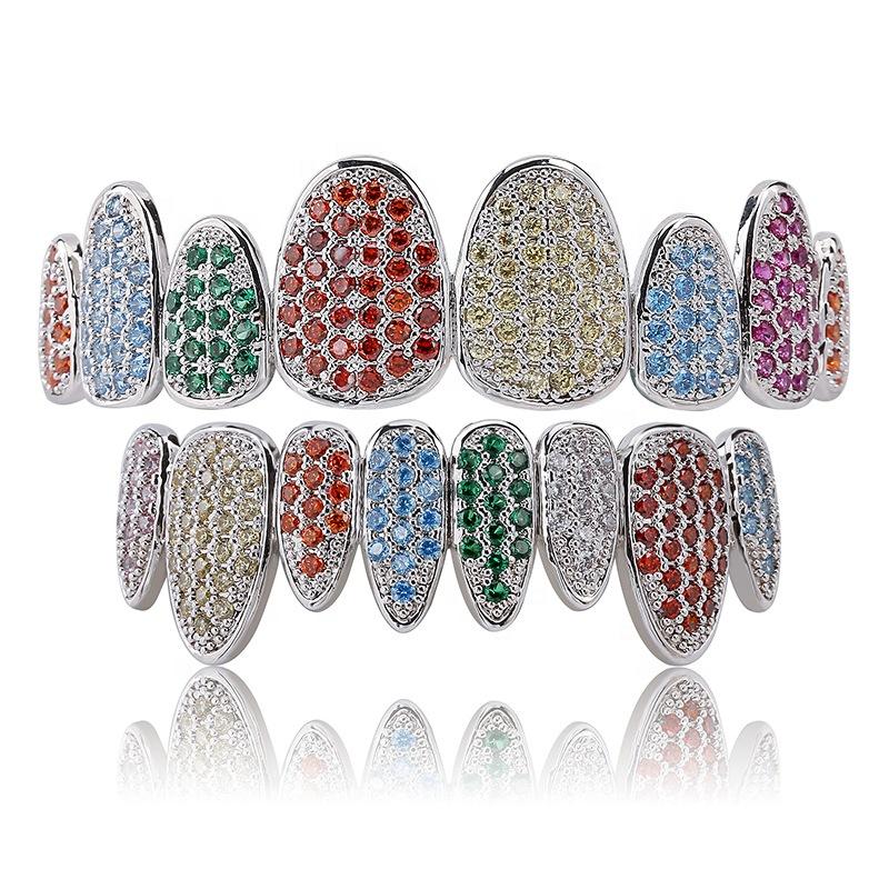 Bling Bling Rainbow CZ Zircon Paved Teeth Grillz Colorful Ice Bars Top Bottom Hip Hop Body Jewelry for Weddings