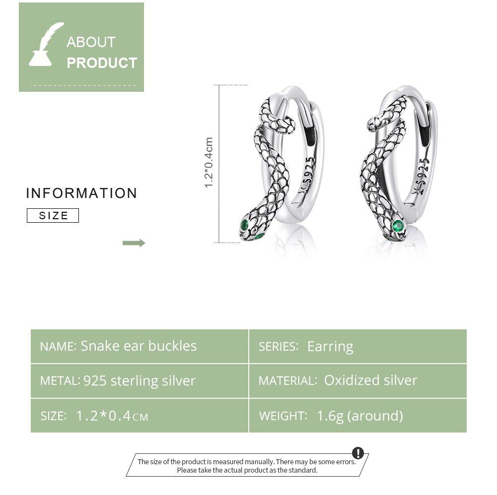 BAMOER 925 Sterling Silver Snake Ear Buckles Inlaid with Green Zirconium Women Hoop Earrings Fine Jewelry Women Statement Gift