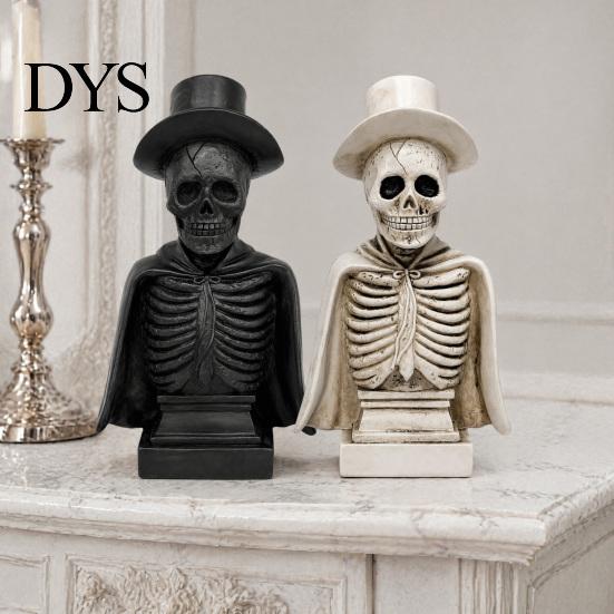 Retro Gentleman Skull with Top Hat Gothic Halloween Sculpture And Cape, Spooky Resin Prop for Display Skeleton Figurine LED Light Home Tabletop Decor