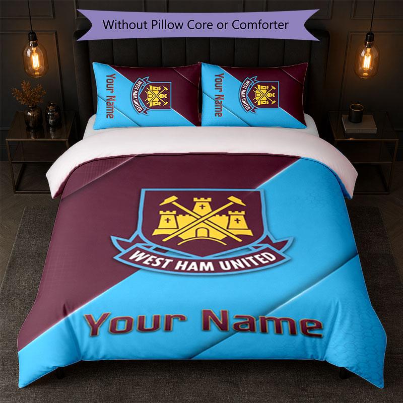 West Ham United FC Custom Name Text Bedding Set 1 Duvet Cover+2 Pillowcases Soccer Logo Personalized Gift For Special Occasion Bedroom Decor