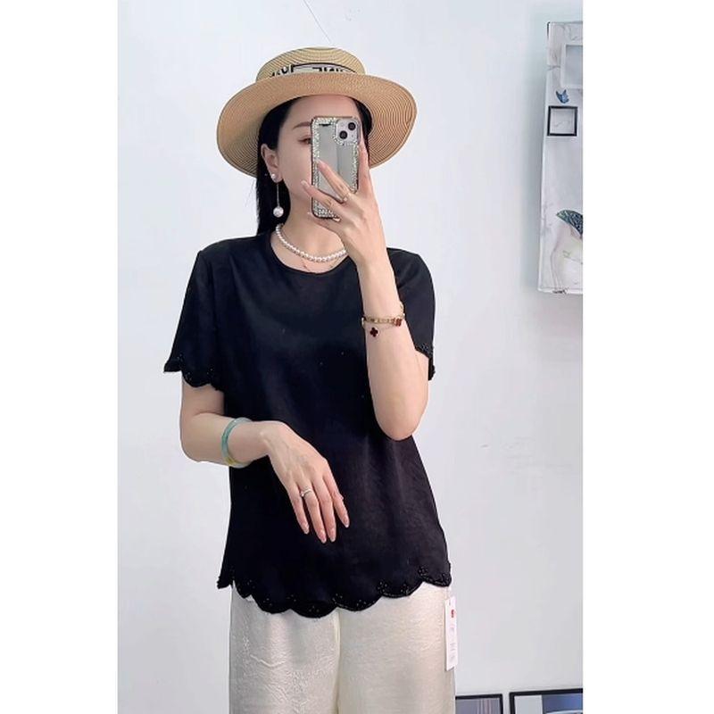 The Boutique Export Order Is Missing! Elegance Women's Beaded Gear Edge Round Neck Short Sleeve Satin Acetate Tencel T-shirt Summer