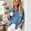 Long Sleeve Tops Women Denim Shirt Lapel Casual Coat Button Relaxed Fit Shirt Down Loose Tops Solid Color Autumn Coat Travel Clothing