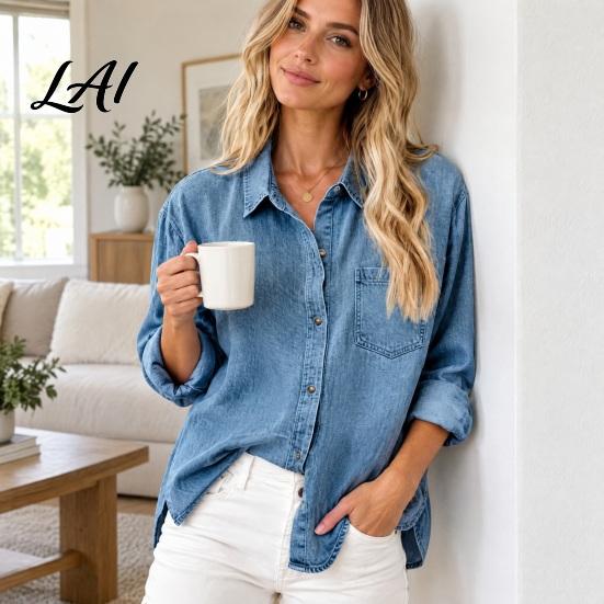Long Sleeve Tops Women Denim Shirt Lapel Casual Coat Button Relaxed Fit Shirt Down Loose Tops Solid Color Autumn Coat Travel Clothing
