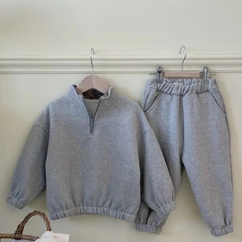 Korean Winter Children's Solid Color Velvet Two-Piece Suit for Boys and Girls