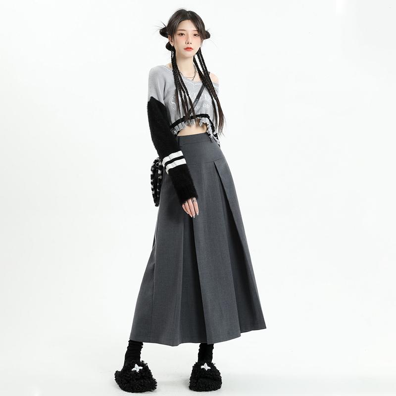 Винтажный серый костюм, юбка трапециевидной формы, женская весенне-осенняя плиссированная юбка средней длины с высокой талией в студенческом стиле