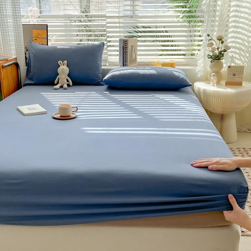 Simple Solid Color Blue Fitted Sheet Set 3Pcs Japanese Style Mattress Cover Skin-friendly Breathable Queen Size Bedding Set