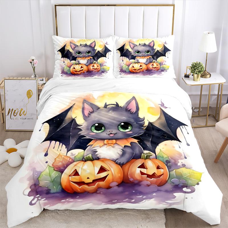3pcs Lovely Halloween Bat Bedding Set - 1 Soft Quilt Cover + 2 Pillowcases, Machine Washable - Suitable for All Seasons, Perfect Gift for Family