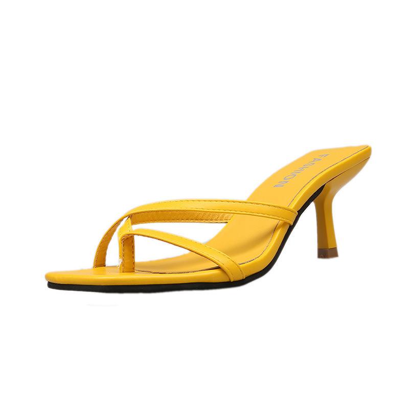 Новые летние сандалии, тапочки, тонкие высокие каблуки, шлепанцы, полые женские туфли, сексуальные туфли-лодочки, тапочки 7 см, желтые 2024 ui90