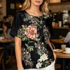 Женская рубашка с коротким рукавом из хлопка и льна с модным принтом, воротник-henley на пуговицах и передний карман для повседневной носки
