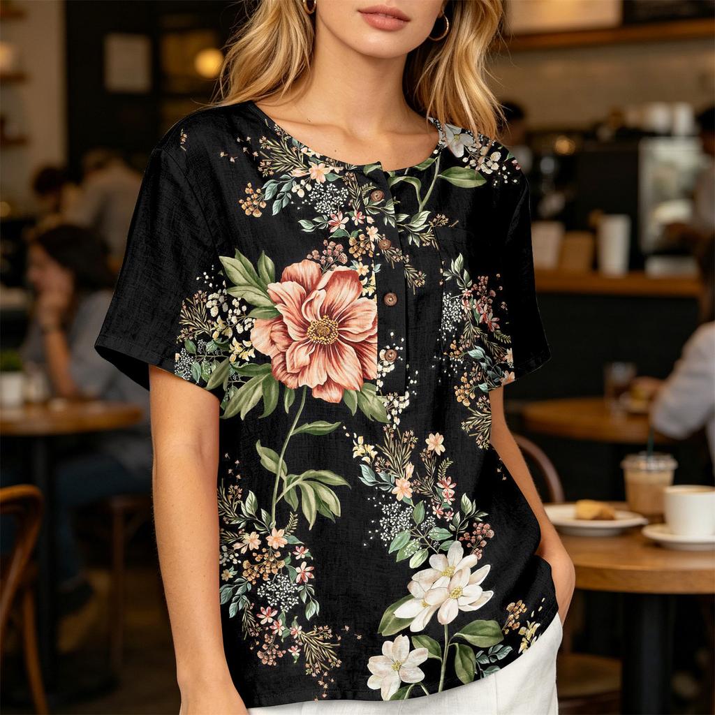 Женская рубашка с коротким рукавом из хлопка и льна с модным принтом, воротник-henley на пуговицах и передний карман для повседневной носки