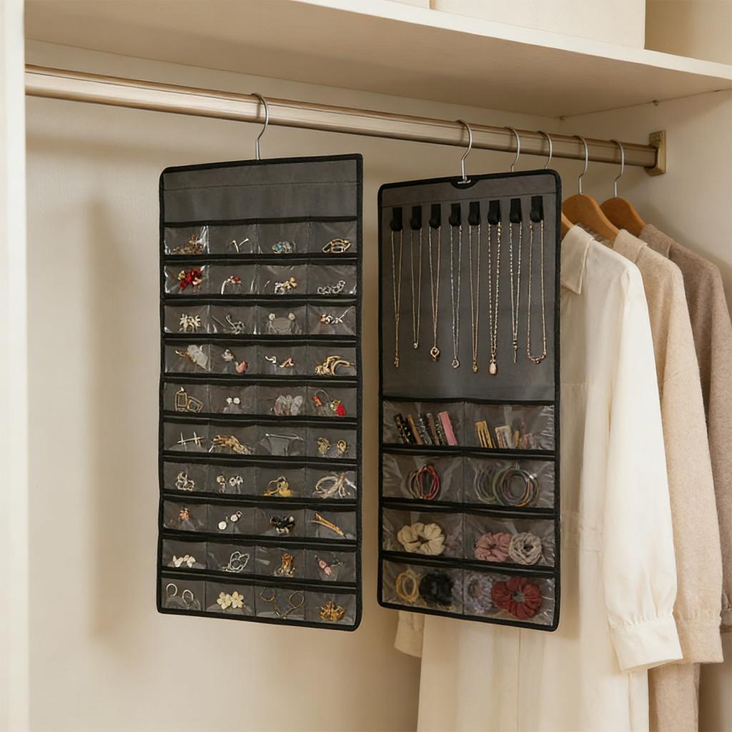 Hanging Jewelry Organizer Storage Roll With Hanger Wall Necklace Rack Display Hanging Wall/Door Metal Hook Double Sided Jewelry Rack