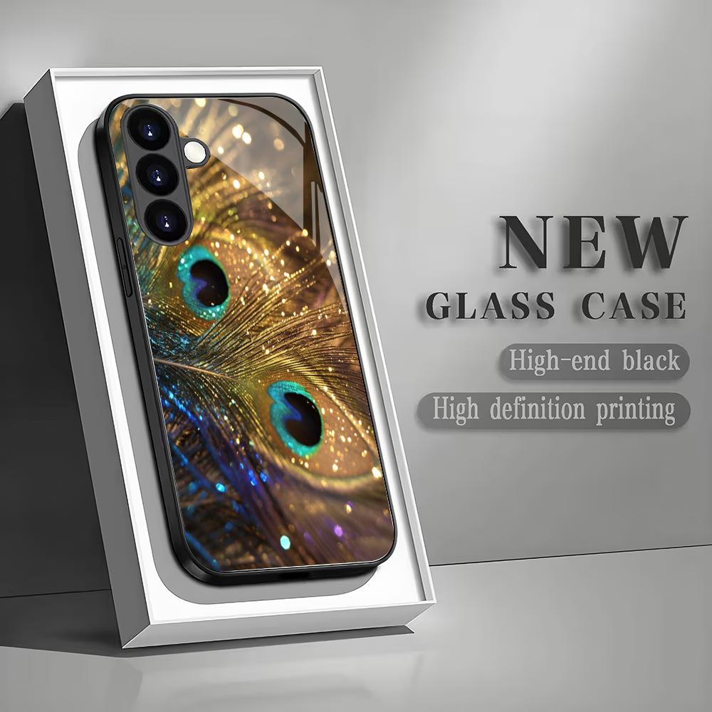 Закаленное стекло для телефона с рисунком перьев павлина, подходит для Samsung Galaxy S26 S25 S24 S23 S22 S20 FE/Ultra/Plus, противоударная задняя крышка