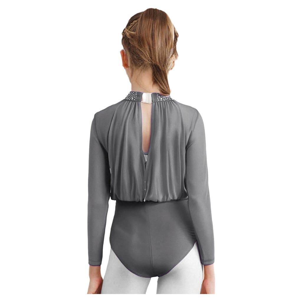 Girls Dance Leotard Long Sleeve Keyhole Back Design Sequins Rhinestones Sheer Mesh Figure Skating Outfit