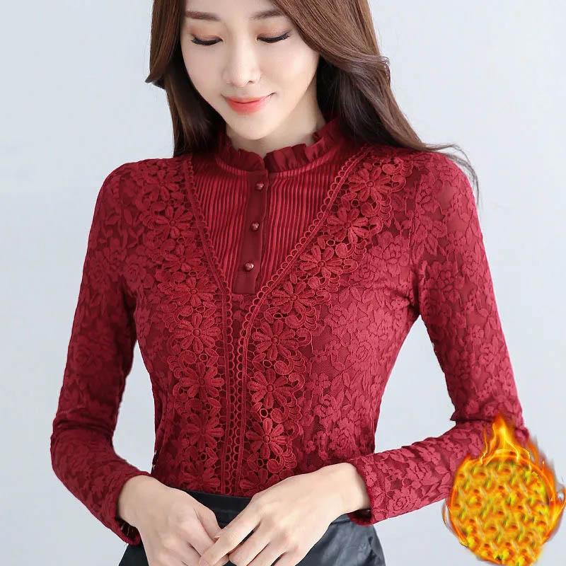 Autumn and Winter Fleece Thickened Lace Bottoming Shirt Ladies Long-sleeved All-match Modified Figure Plus Size Thermal Top