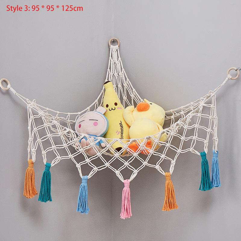 Triangular Toy Hammock Handwoven Cotton Rope Wall Storage for Stuffed Animals Plush Toys and Decor Macrame Toy Net With Fringe