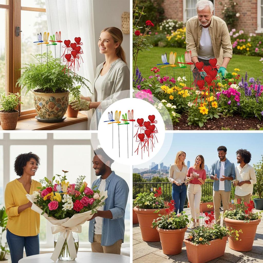 Dragonfly Stakes For Garden Planter Landscaping Decoration Heart Shape Flower Bouquet Picks For Gardeners Indoor Outdoor DIY