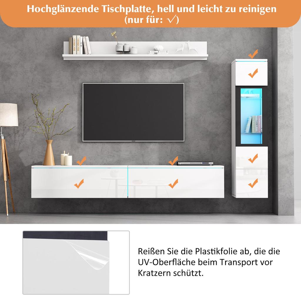 Wohnwand 3-Teilig Set, Möbel Set, Hängend, 1x TV Lowboard, 1 x 1x Wandboard, Komplett, Elegante Mediawand LED-Licht, Viel Stauraum, Weiß