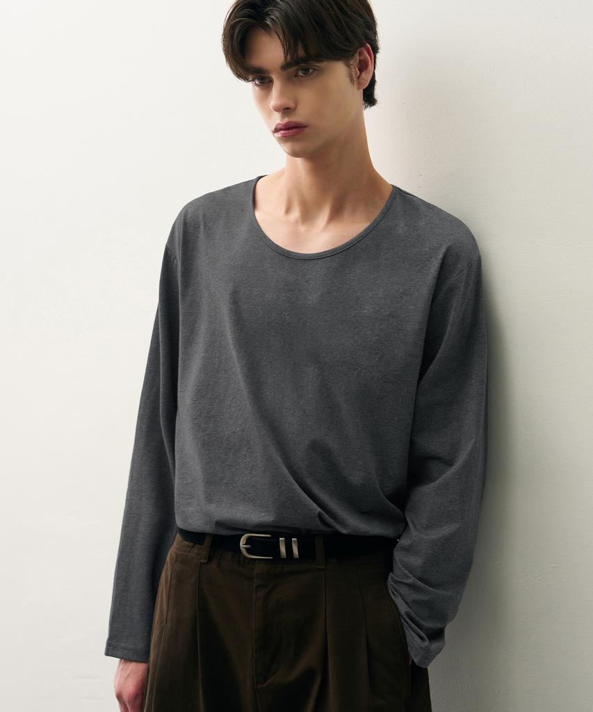 DRAW FIT Silket Cotton U-Neck Long Sleeve T-Shirt [M.Charcoal]