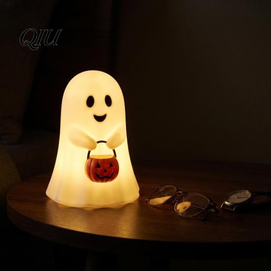 Indoor Outdoor Halloween Accents Cute Ghost Holding Pumpkin Bucket Table Lamp, Spooky Bedside Festival Atmosphere Supplies Small LED Night Light