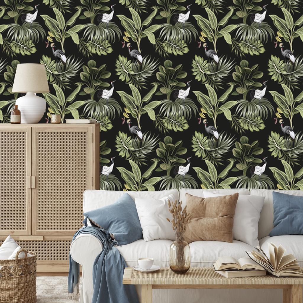 Tropical Leaves and Cranes Wallpaper for Living Room and Bedroom 50x1000