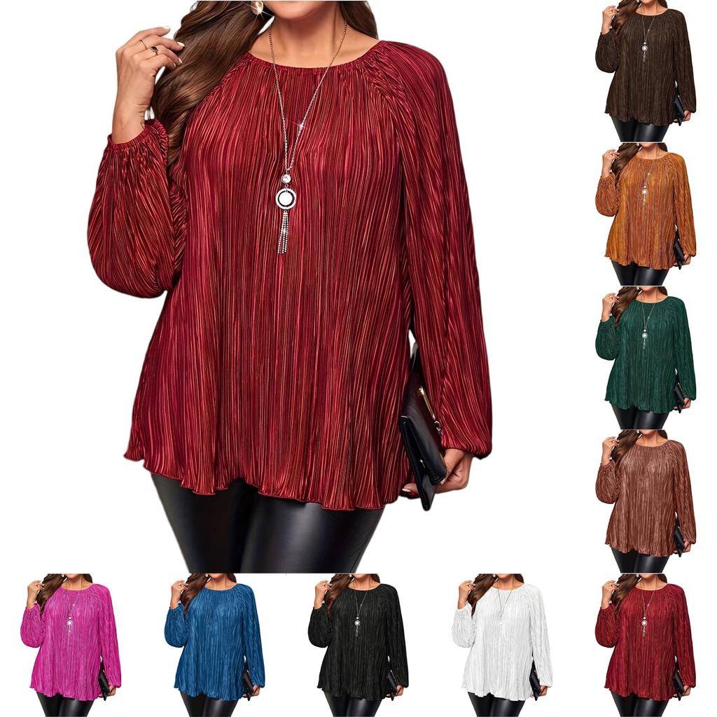 Women's Fashion Plus Size Solid Color Round Neck Long Sleeved Loose Casual T-shirt Top