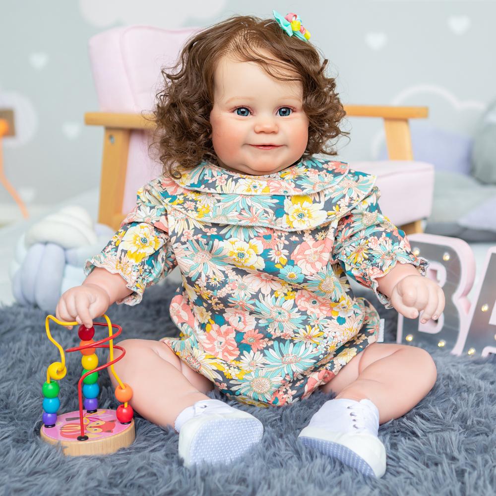 Cute 60cm Reborn Doll Maddie with Rooted Curly Hair Cloth Body Fat Baby Doll Look Real Handmade 3d Painted Skin Newborn Dolls for Kids Age 3+ Year Old
