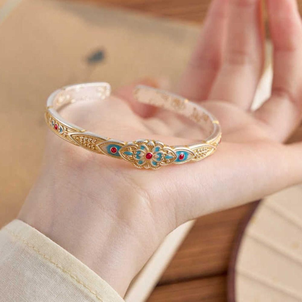 Цветок Эмаль Лотос Ручной Браслет Ручные Украшения Ретро Открывающееся Ручное Кольцо Студент