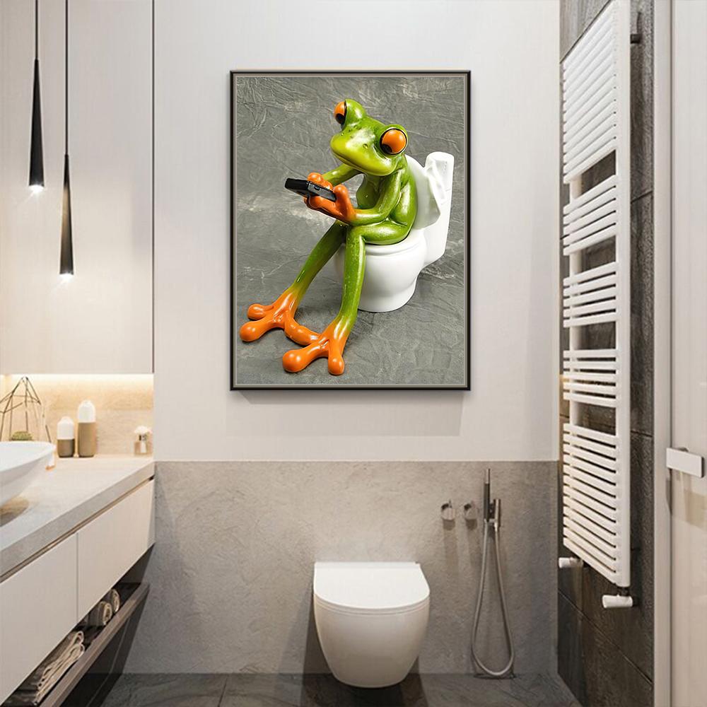 Peinture Sur Toile De Grenouille Verte Assise Sur Les Toilettes, Images D'art Animal Moderne, Pour Salle De Bain