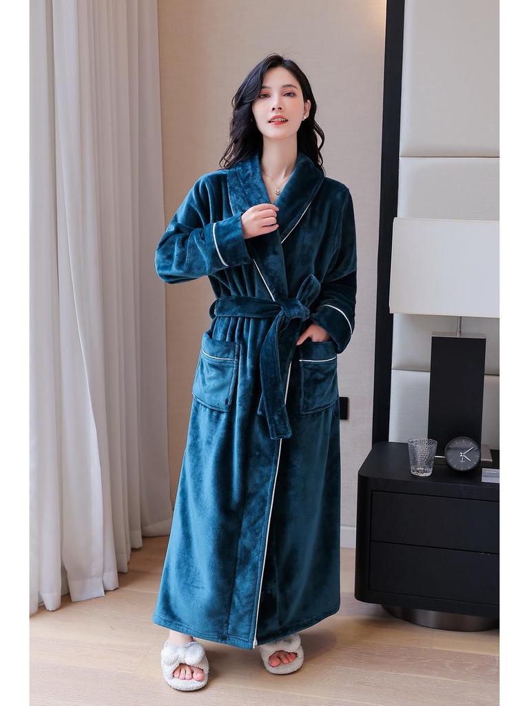 Комплект коралловых флисовых пижам для пары: Женский и мужской длинный, толстый, теплый халат для осени и зимы