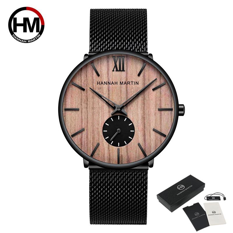 Hannah Martin Men's Quartz Watches Fashion Ultra Thin Watches Simple Men Business Mesh Belt Quartz Watch Male Wristwatches Cherry Ebony Walnut Wood