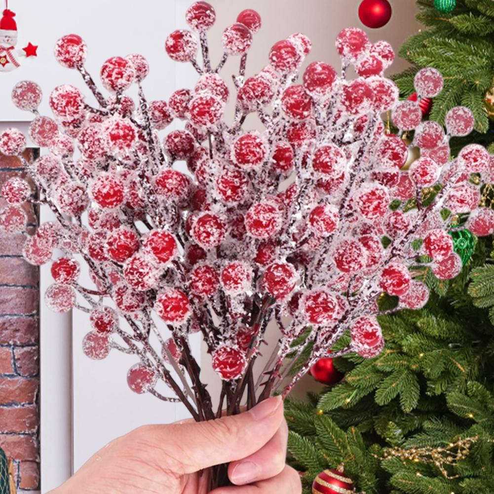 10Pcs Chritsmas Tree Pendant Christmas Artificial Berries Stem Holly Frosted Berry Picks for Xmas Tree New Year Party Home Decor