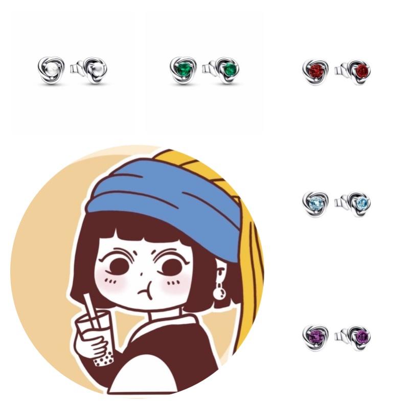 Women's Birthstone Earrings Panjia Pandora S925 Silver Eternal Round Shape Fashionable Jewelry